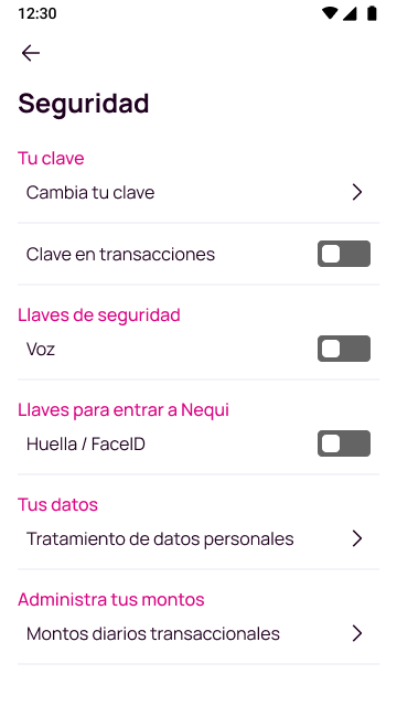 Pantalla de opciones de seguridad en la app