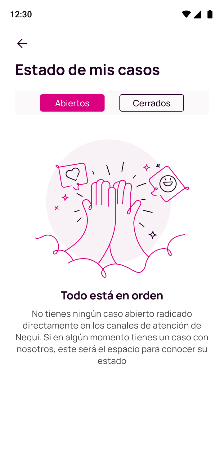 Pantalla de casos de quejas o reclamos abiertos en la app Nequi.