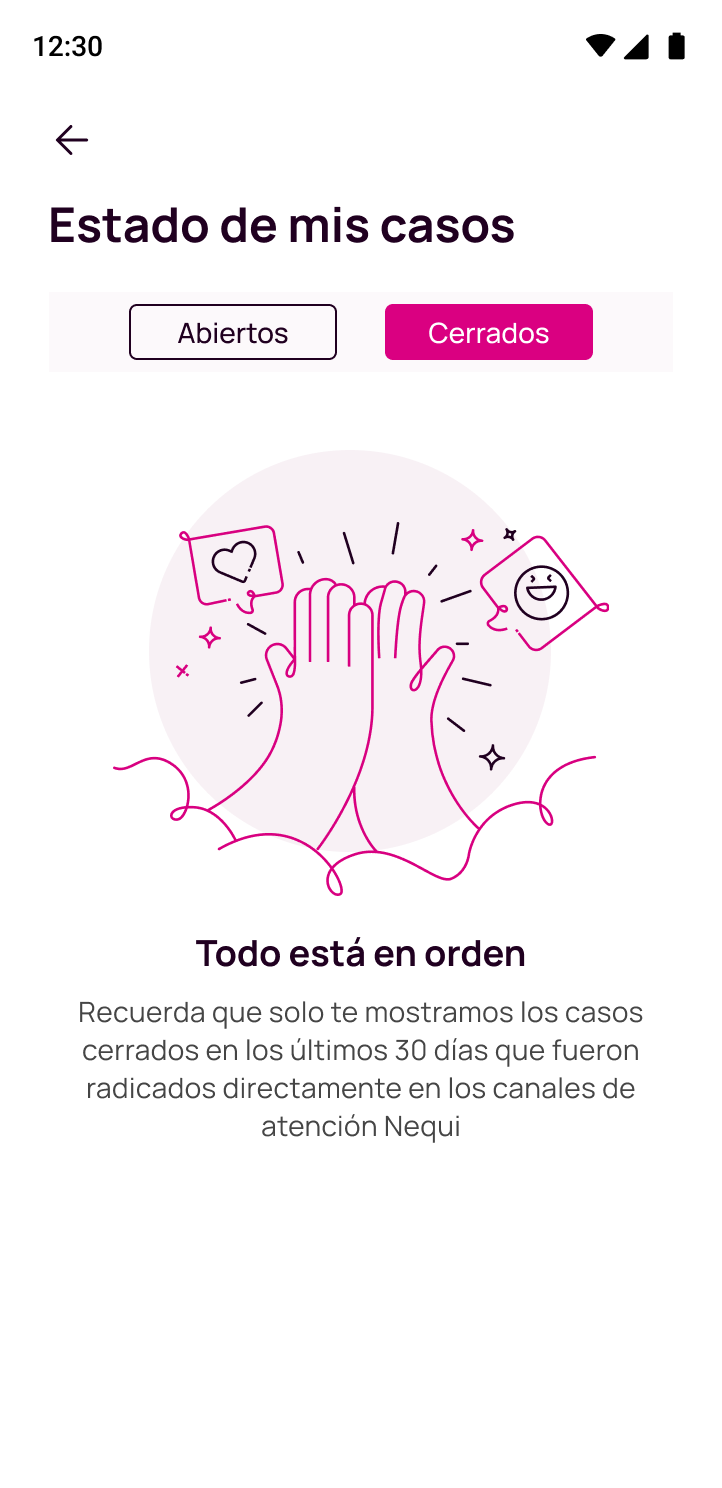 Pantalla de casos de quejas o reclamos abiertos en la app Nequi.