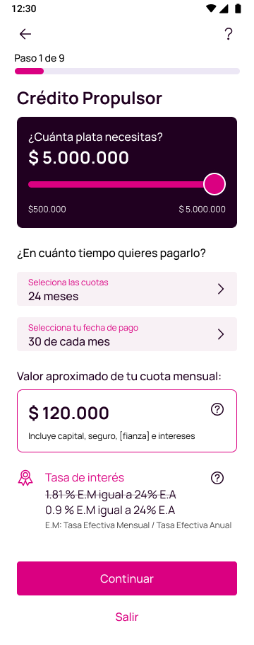 Pantalla solicitud de crédito en la app