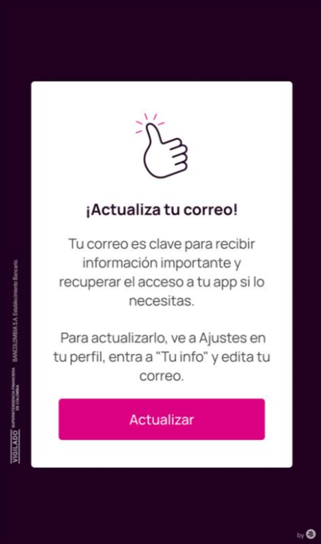 Pantalla mensaje en la app Actualiza tu correo