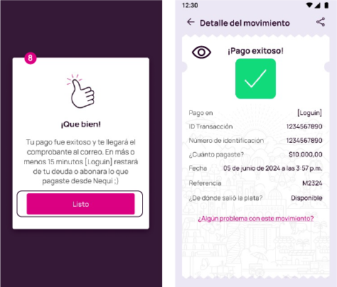 Pantalla del detalle del movimiento del pago de una factura en la app Nequi.