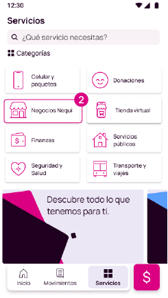 Pantalla de la opción Servicios de la app Nequi