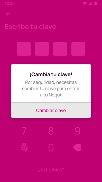 Mensaje de cambia tu clave en tu App Nequi