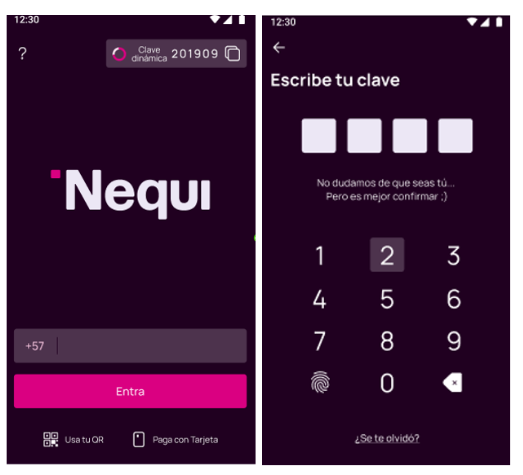Pantalla de inicio de la app Nequi e ingresar clave