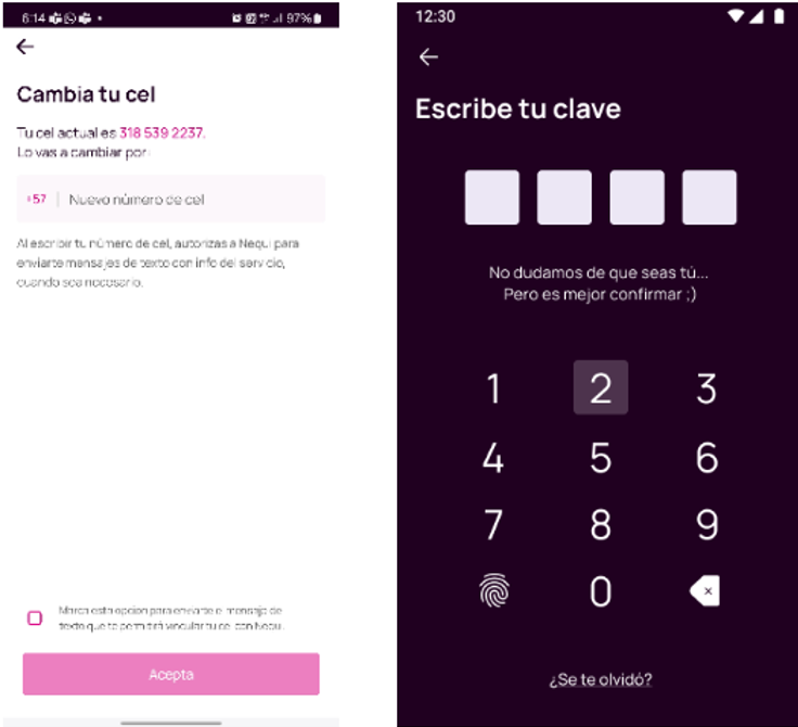 Pantalla ingresar número de cel y clave en la app Nequi