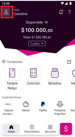 Pantalla inicial en la app Nequi