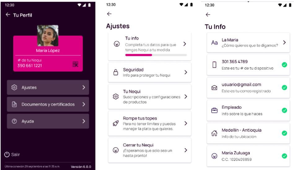 Pantalla de ajuste en la app Nequi