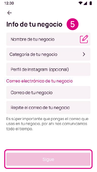 Pantalla para diligenciar los datos del negocio en la solicitud del código QR Negocios Nequi.