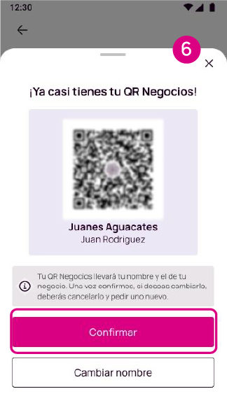 Pantalla confirmación de los datos del QR Negocios Nequi.