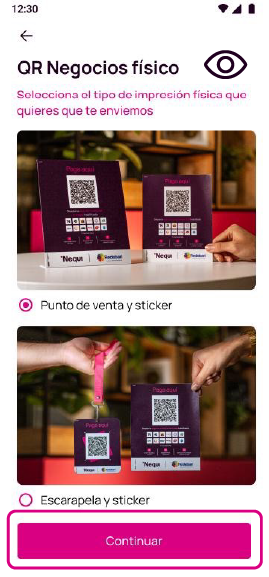 Pantalla de la app Nequi para elegir el tipo de QR físico que le llega al usuario.