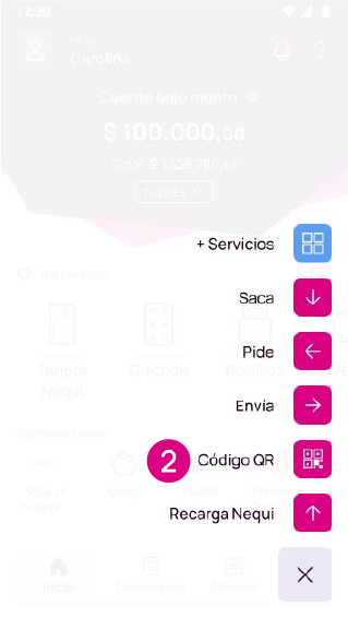 Pantalla opción de código QR en la app Nequi
