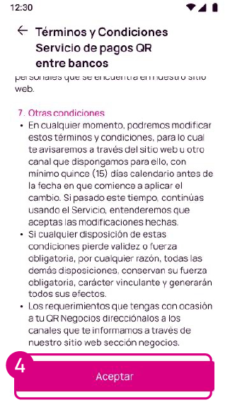 Pantalla de aceptación de términos y condiciones para pedir el QR Negocios Nequi.