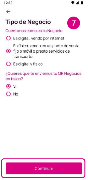 Pantalla de la app Nequi para seleccionar tu tipo de Negocio.