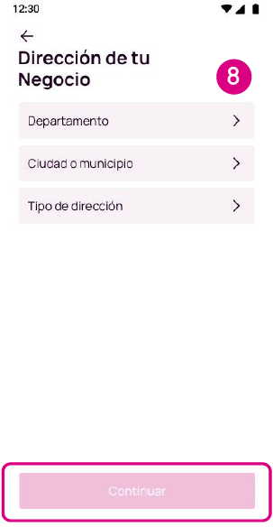 Pantalla de la app Nequi para ingresar la ubicación del negocio en la solicitud del QR Negocios.
