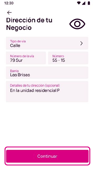 Pantalla de la app Nequi para ingresar la dirección del negocio en la solicitud del QR Negocios.