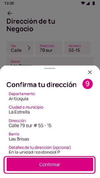 Pantalla de la app Nequi para confirmar la dirección del Negocio en la solicitud del QR Negocios