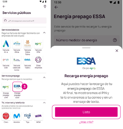 Pantalla de servicios públicos que se pueden pagar desde la app Nequi