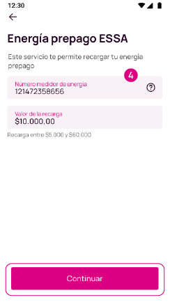 Pantalla para ingresar los datos para la recarga de energía prepago ESSA en la app Nequi