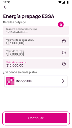 Pantalla de detalles del pago de la energía prepago ESSA en la app Nequi