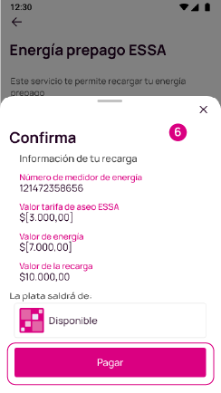 Confirmación de los datos, para pagar la energía prepago ESSA a través de Nequi
