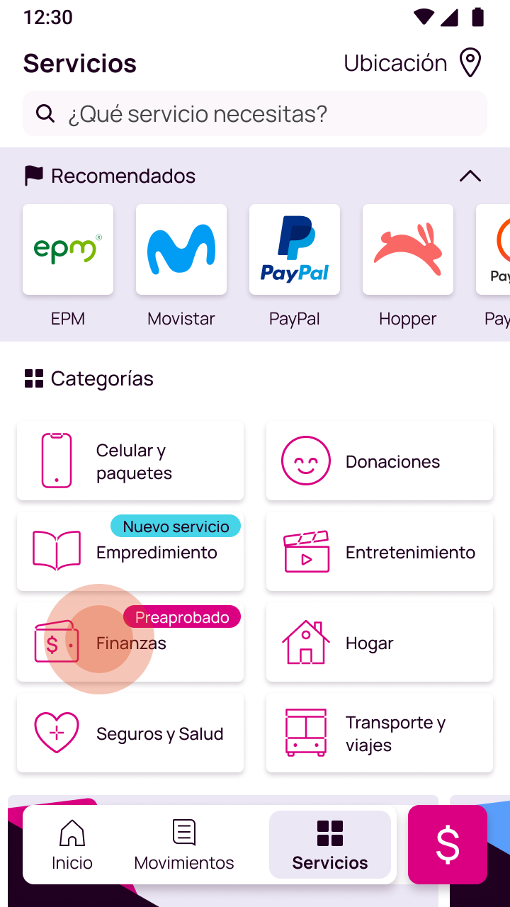 Pantalla que describe el paso 3 con opción Finanzas