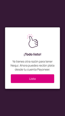Pantalla que indica que ya está todo Listo para disfrutar de las funcionalidades de Nequi