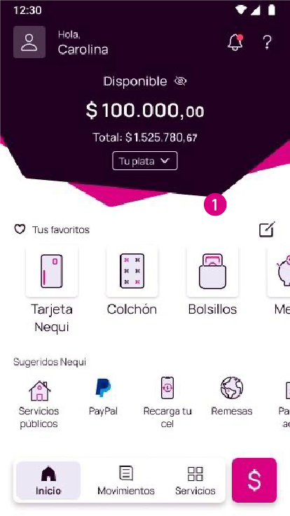 Pantalla principal de la app Nequi