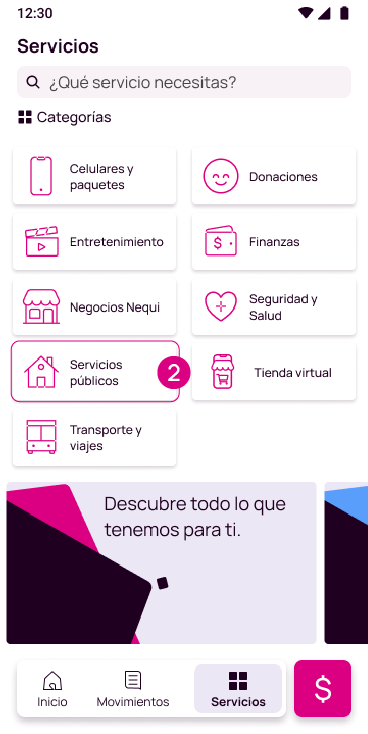 Categoría de servicios en la app Nequi