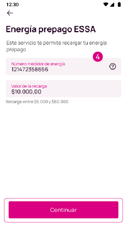 Pantalla para ingresar los datos para la recarga de energía prepago ESSA en la app Nequi