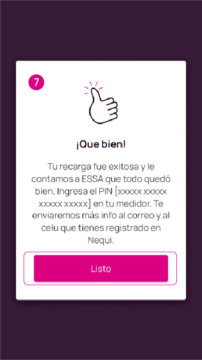 Pantalla de recarga exitosa en la app Nequi