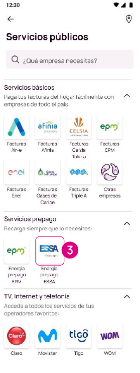 Pantalla de servicios públicos que se pueden pagar desde la app Nequi