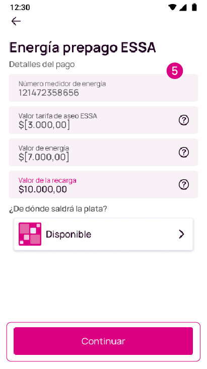 Pantalla de detalles del pago de la energía prepago ESSA en la app Nequi