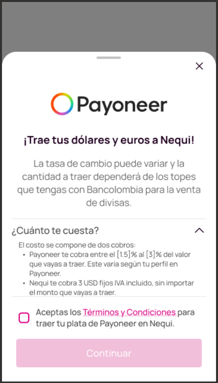Pantalla con opción de Payoneer de la app Nequi