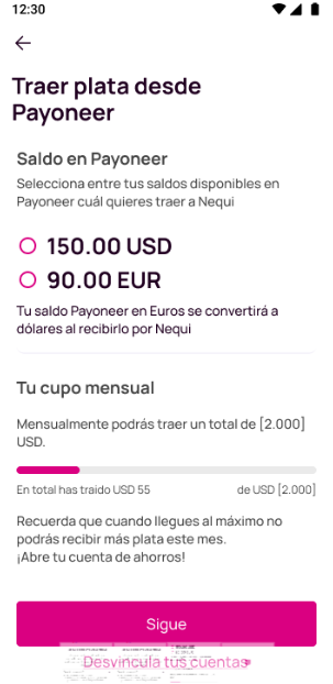 Pantalla con la opción Traer dólares (USD) o euros (EUR) de la app Nequi