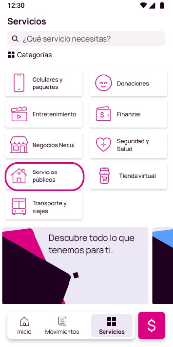 Pantalla de la opción servicios en la app Nequi
