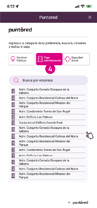 Pantalla para buscar el edificio o unidad residencial para el pago de administración