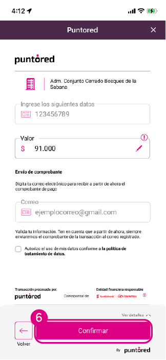 Pantalla de pago de la factura de administración