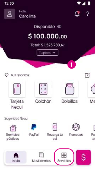 Pantalla principal de la app Nequi