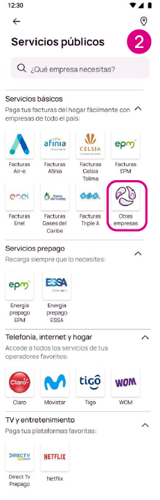 Pantalla de servicios públicos en la app Nequi