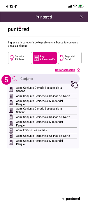 Pantalla de la app Nequi para buscar el edificio o unidad residencia para pagar la administración