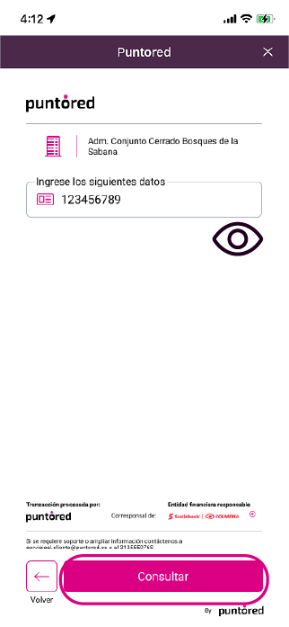 Pantalla para consultar los datos de la factura de administración