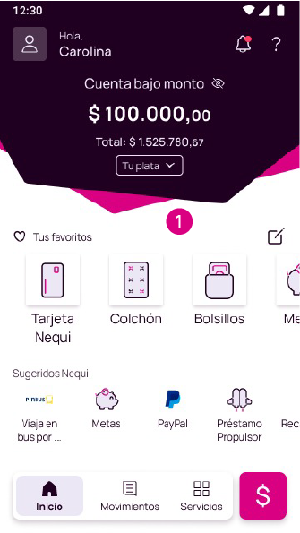 Pantalla de inicio de la app Nequi.