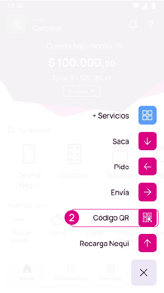 Pantalla de las opciones de la app Nequi al seleccionar el signo "$"