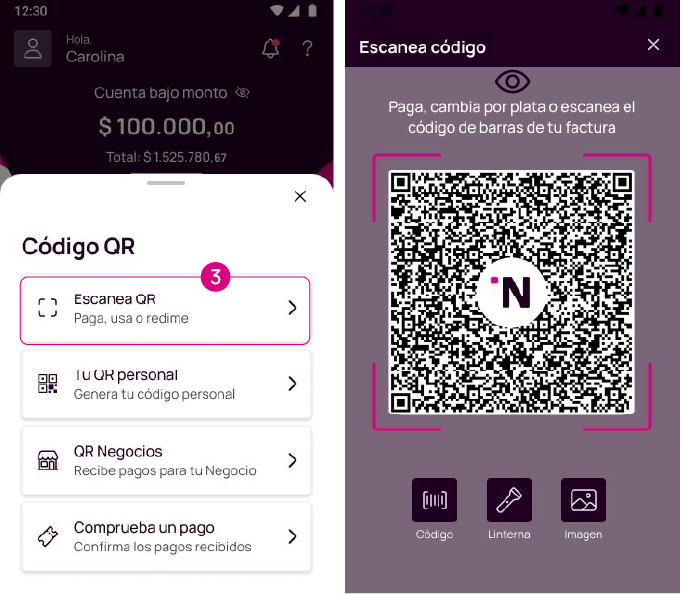 Pantalla de la app Nequi de la opción "escanear QR".