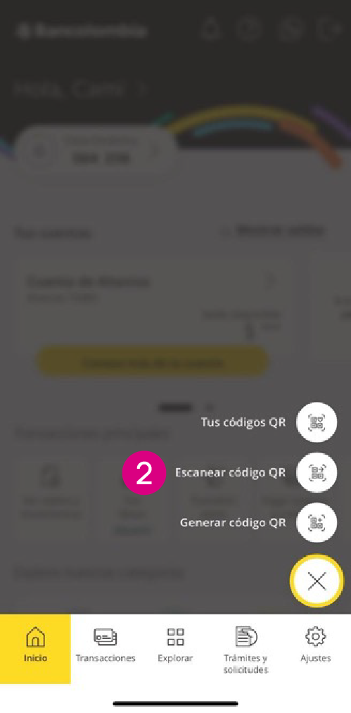 Pantalla de la app Mi Bancolombia para elegir la opción de escanear el código QR