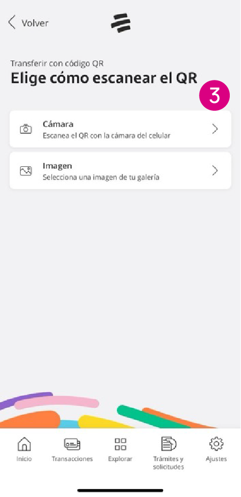 Pantalla de la app Mi Bancolombia para escanear un código QR con la cámara del celular o desde una imagen de la galería