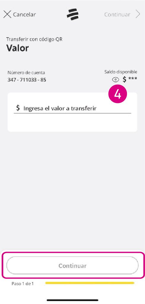Pantalla de la app Mi Bancolombia para escribir el valor a transferir con código QR