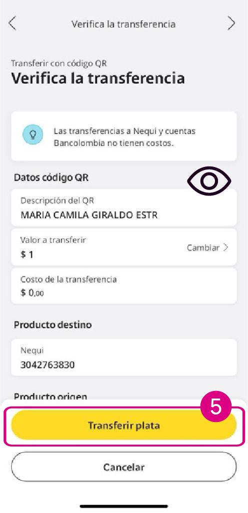 Pantalla de la app Mi Bancolombia para confirmar los datos del movimiento con código QR