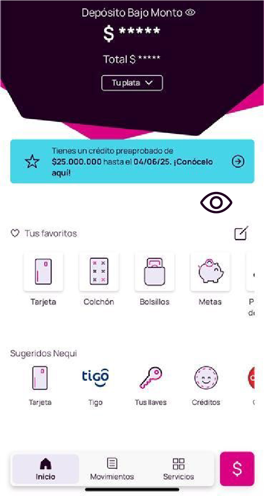 Pantalla de inicio de la app Nequi